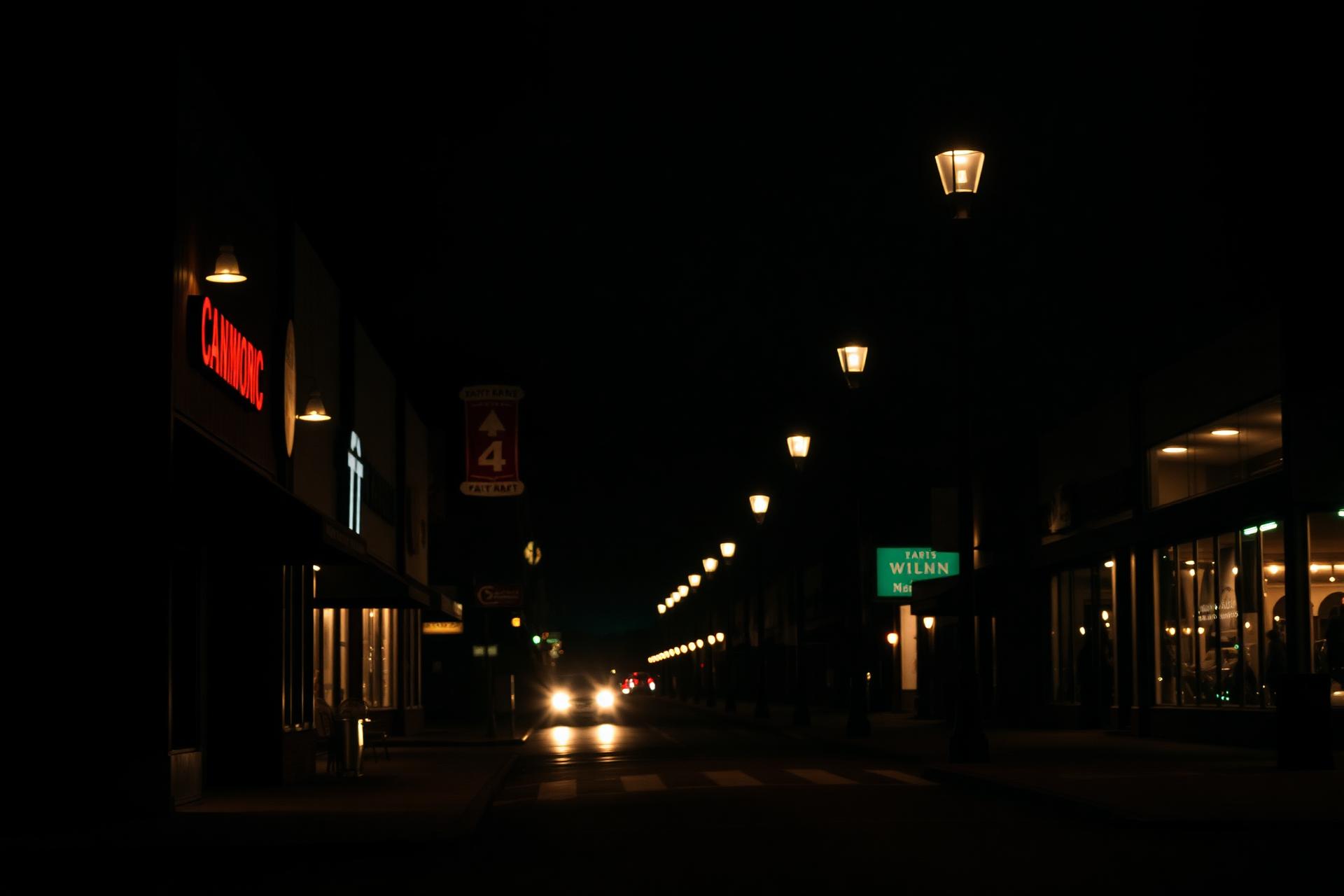 Minnesota Main Street at dusk with glowing storefronts